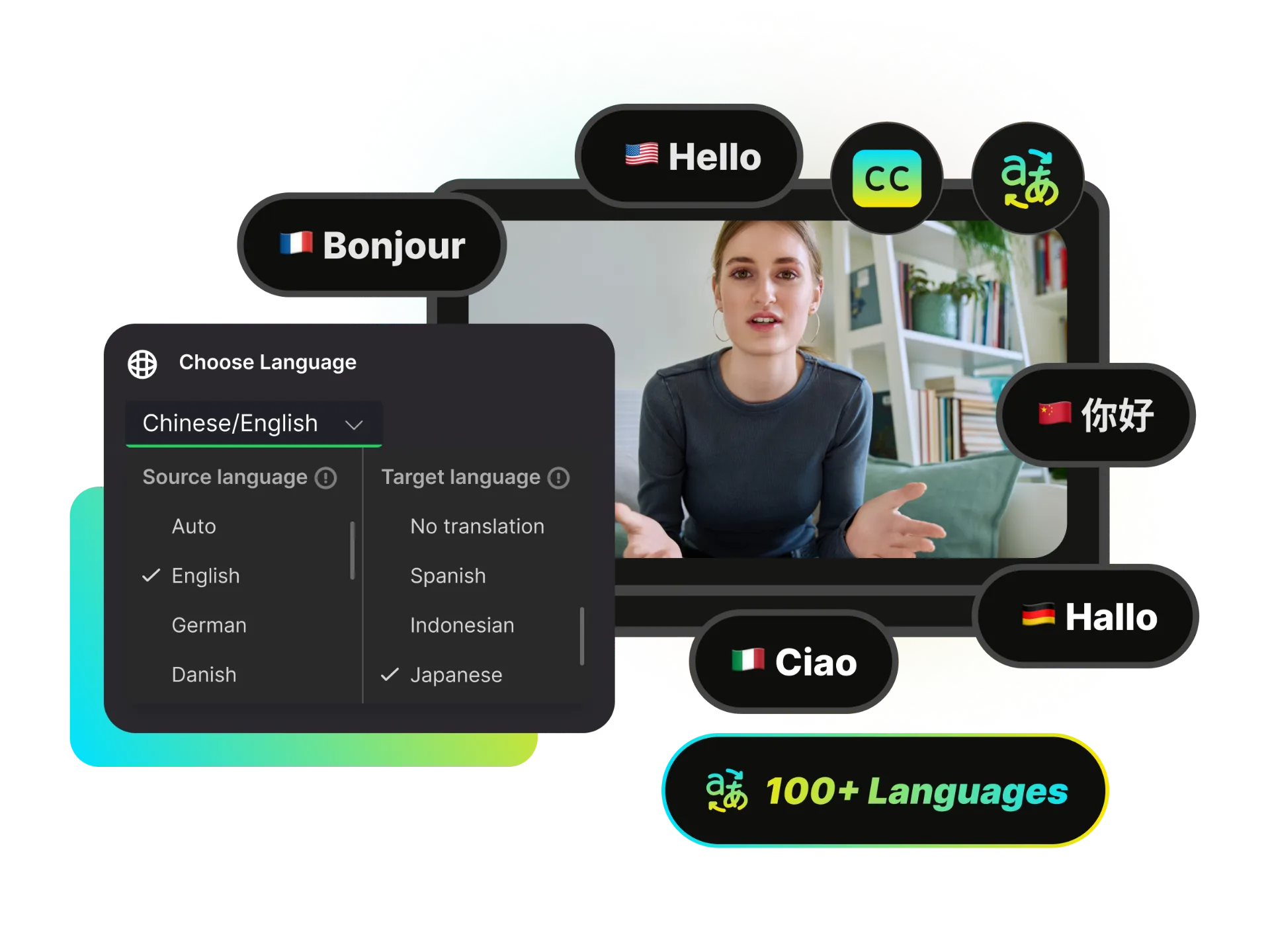 Antarmuka video yang menampilkan subtitle diterjemahkan ke berbagai bahasa